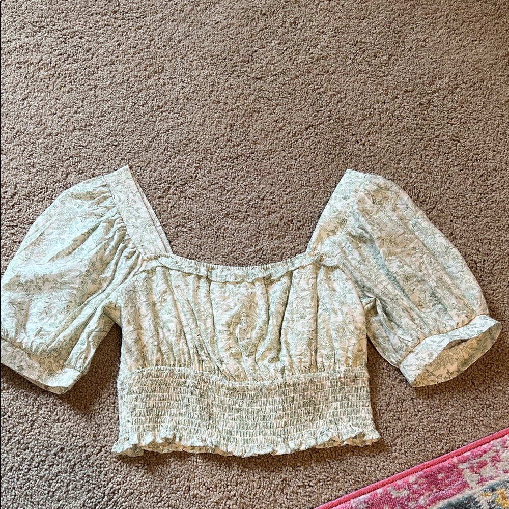 Blu Pepper Green Floral Puff Sleeve Blouse